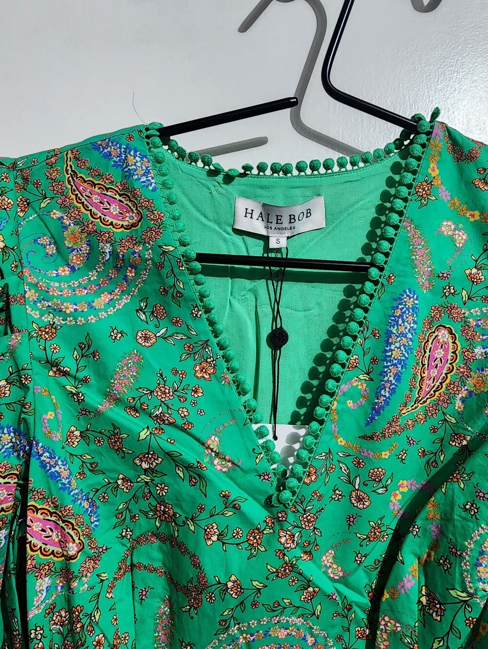 Hale Bob Elaina Poplin Midi Dress Emerald Paisley Puff Sleeve Belted NWT S - Picture 5 of 9